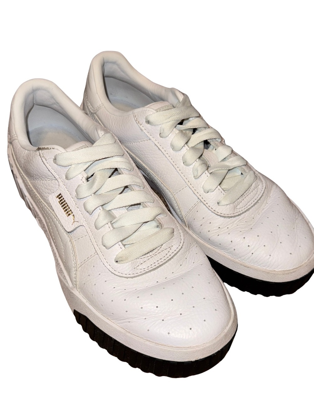 Puma Women’s Cali White Leather Sneakers with Black Logo Outsole Gold Accents 9